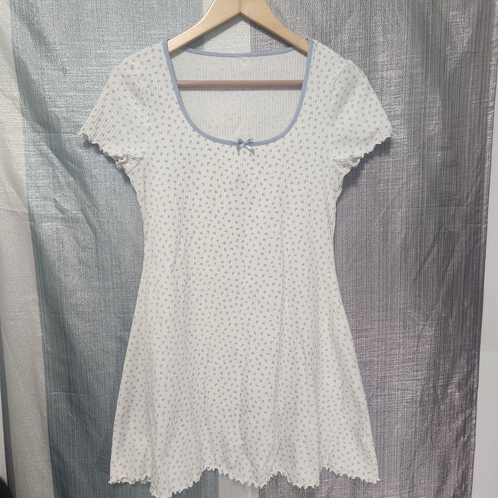 H&M Blue Babydoll Floral Ditsy Ribbed Mini Dress Bow Lettuce Trim White Coquette